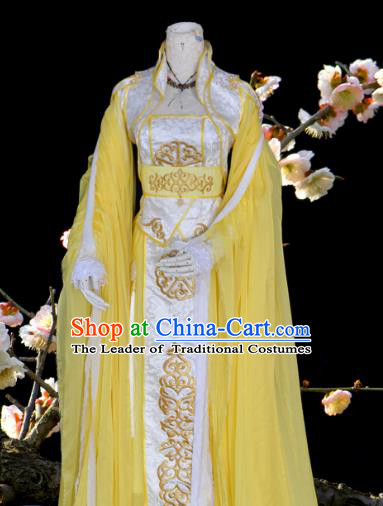Chinese Ancient Cosplay Tang Dynasty Princess Costumes, Chinese Traditional Yellow Dress Clothing Chinese Cosplay Palace Lady Costume for Women