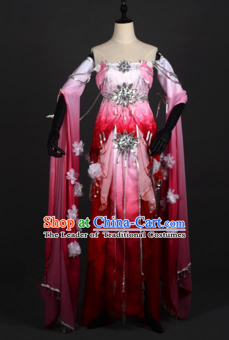 Chinese Ancient Cosplay Han Dynasty Young Lady Costumes, Chinese Traditional Embroidery Wine Red Hanfu Dress Clothing Chinese Swordswoman Fairy Costume for Women