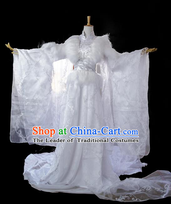 Chinese Ancient Cosplay Tang Dynasty Imperial Princess Costumes, Chinese Traditional Hanfu White Dress Clothing Chinese Palace Lady Costume for Women