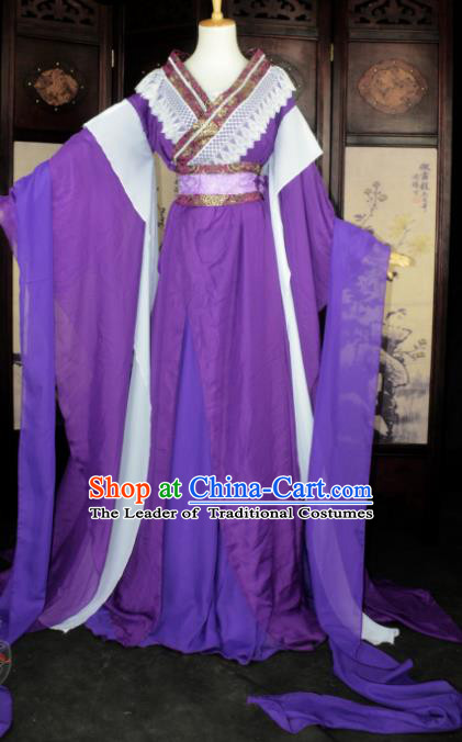 Chinese Ancient Cosplay Tang Dynasty Imperial Princess Fairy Costumes, Chinese Traditional Hanfu Purple Dress Clothing Chinese Palace Lady Dance Costume for Women