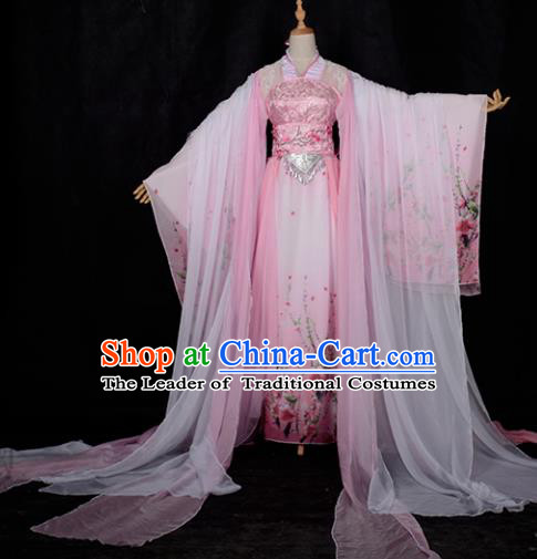 Chinese Ancient Cosplay Tang Dynasty Princess Dance Pink Embroidery Dress, Chinese Traditional Hanfu Clothing Chinese Fairy Palace Lady Costume for Women