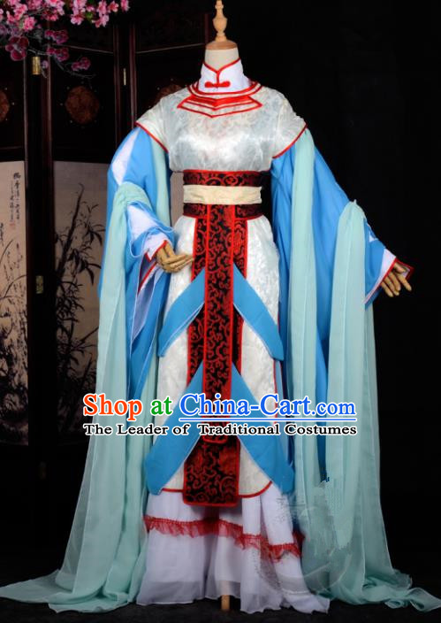 Chinese Ancient Cosplay Tang Dynasty Princess Embroidery Blue Dress, Chinese Traditional Hanfu Clothing Chinese Fairy Costume for Women