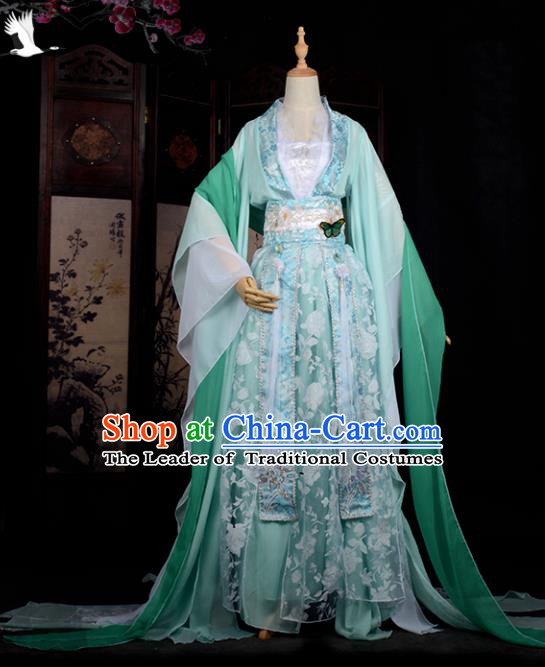 Chinese Ancient Cosplay Tang Dynasty Princess Embroidery Green Dress, Chinese Traditional Hanfu Clothing Chinese Fairy Costume for Women