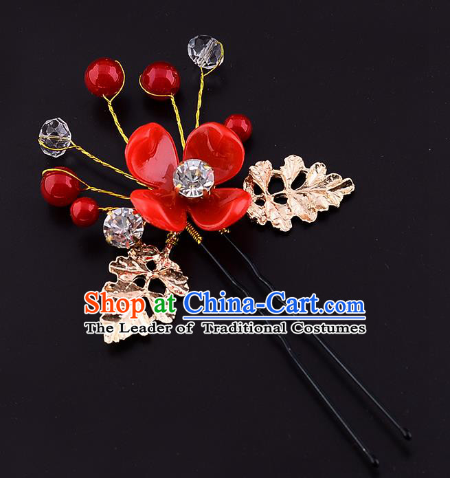 Traditional Handmade Chinese Ancient Classical Wedding Hair Accessories Bride Red Flowers Hair Stick, China Princess Hairpins Headwear for Women