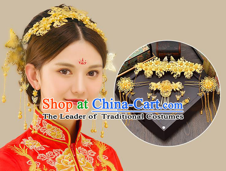 Traditional Handmade Chinese Ancient Classical Hair Accessories Xiuhe Suit Golden Hairpin Complete Set, Tassel Step Shake Hair Sticks Hair Jewellery Hair Fascinators for Women