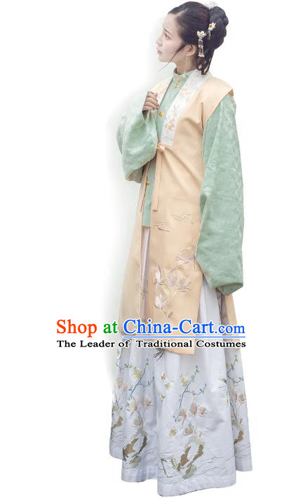 Traditional Ancient Chinese Ming Dynasty Noblewoman Costume Embroidery Apricot Long Vest, Chinese Palace Lady Cardigan Dress Upper Outer Garment for Women