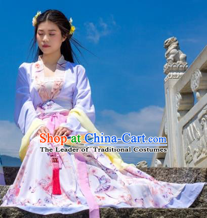 Traditional Chinese Han Dynasty Young Lady Costume, China Ancient Hanfu Dress Princess Peri Embroidery Clothing for Women