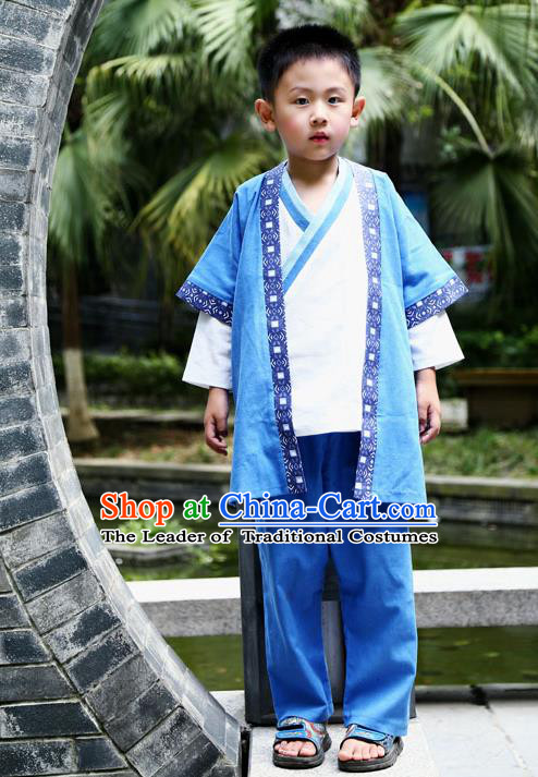 Traditional Chinese Han Dynasty Children Hanfu Martial Arts Costume, China Ancient Scholar Blue Clothing for Kids