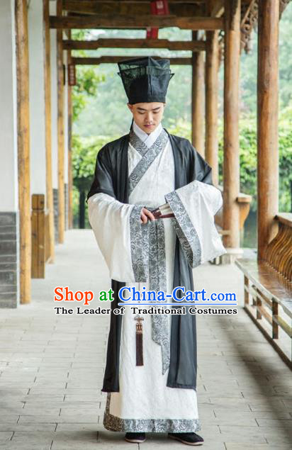 Traditional Chinese Han Dynasty Nobility Childe Hanfu Costume Half-Arm Shawl Long Robe, China Ancient Scholar Black Clothing Complete Set for Men