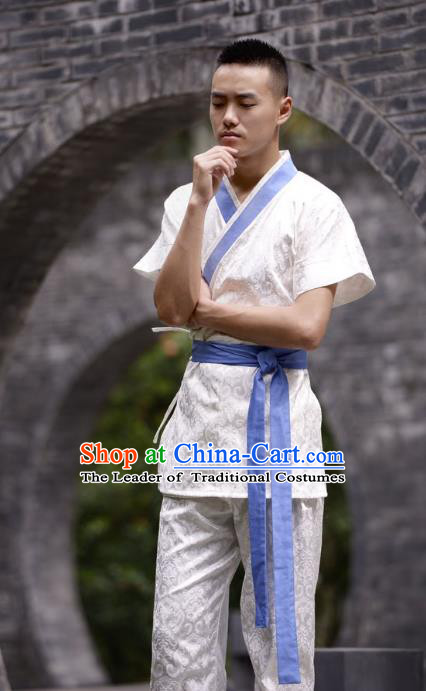 Traditional Chinese Han Dynasty Nobility Childe Hanfu Costume Slant Opening White Satin Shirt, China Ancient Martial Arts Upper Garment Clothing for Men