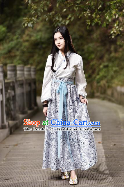 Traditional Chinese Han Dynasty Young Lady Costume, China Ancient Hanfu Blue and White Porcelain Dress Princess Clothing for Women