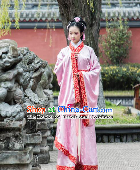 Traditional Chinese Han Dynasty Palace Princess Wide Sleeve Costume, China Ancient Hanfu Pink Dress Imperial Concubine Embroidery Clothing for Women