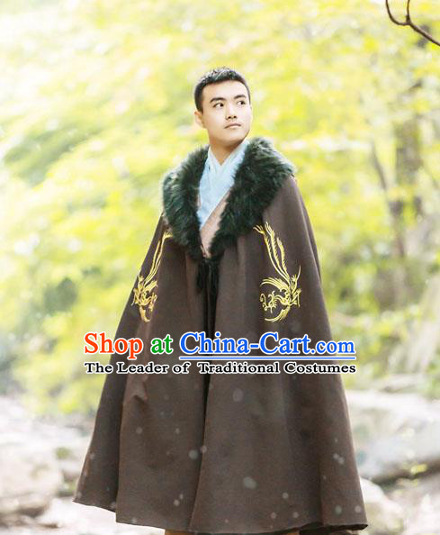 Traditional Chinese Han Dynasty Nobility Childe Hanfu Costume Cloak, China Ancient Scholar Embroidery Cape Clothing for Men