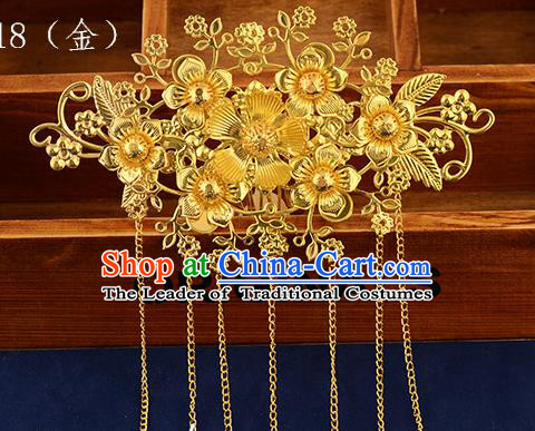 Traditional Handmade Chinese Ancient Classical Hair Accessories Xiuhe Suit Golden Tassel Hair Comb, Hair Sticks Hair Jewellery Hair Fascinators for Women