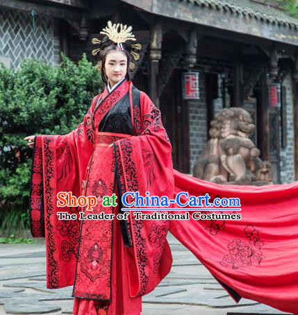 Traditional Chinese Han Dynasty Princess Hanfu Wedding Costume, China Ancient Red Dress Palace Queen Peri Embroidery Clothing for Women