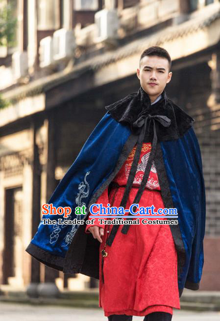 Traditional Chinese Han Dynasty Prince Hanfu Costume Blue Cloak, China Ancient Scholar Embroidery Cape Clothing for Men
