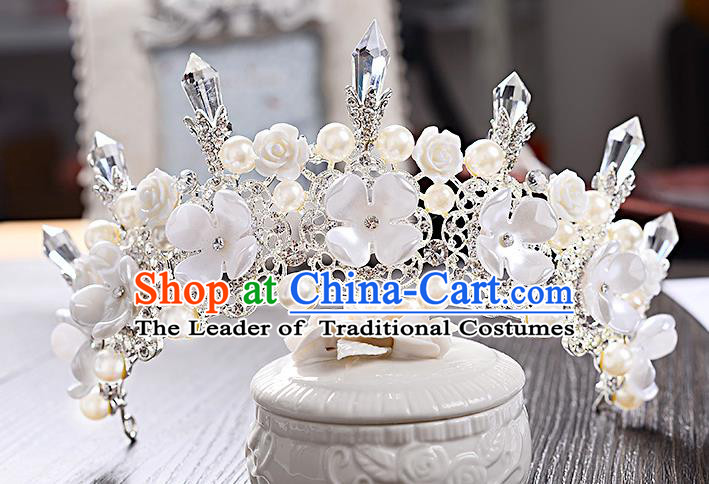 Top Grade Handmade Chinese Classical Hair Accessories Baroque Style Crystal Pearls Flower Wedding Royal Crown, Bride Princess Hair Jewellery Hair Coronet for Women