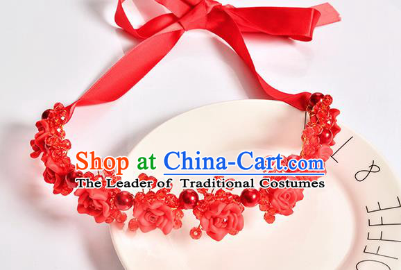 Top Grade Handmade Chinese Classical Hair Accessories Baroque Style Wedding Red Rose Flowers Headband Bride Hair Clasp for Women