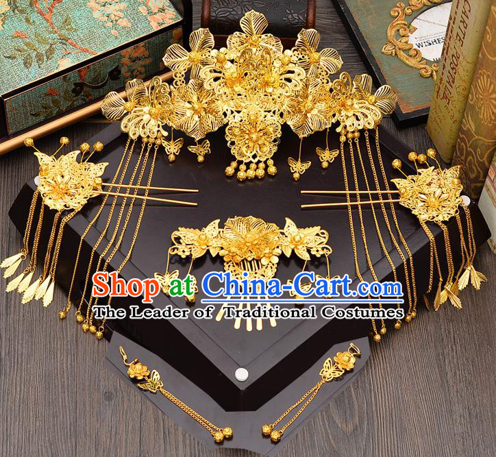 Traditional Handmade Chinese Ancient Classical Hair Accessories Xiuhe Suit Golden Hairpin Phoenix Coronet Complete Set, Step Shake Hair Sticks Hair Jewellery for Women