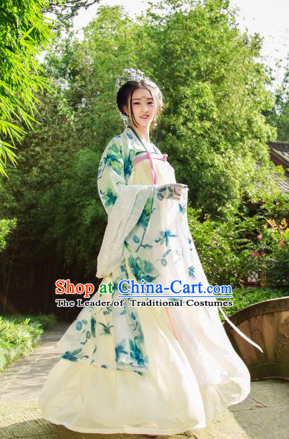 Traditional Chinese Tang Dynasty Imperial Consort Hanfu Costume, China Ancient Green Dress Palace Princess Peri Printing Clothing for Women