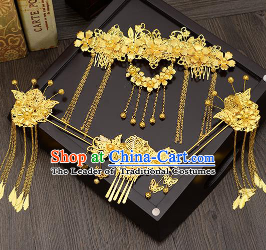 Traditional Handmade Chinese Ancient Wedding Hair Accessories Xiuhe Suit Golden Hair Comb Tassel Frontlet Phoenix Coronet Complete Set, Bride Hair Sticks Hair Jewellery for Women