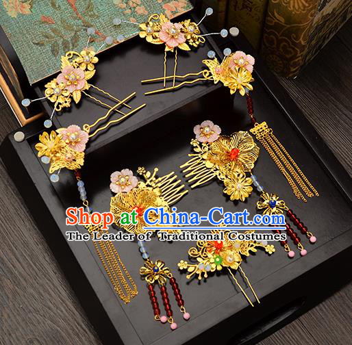 Traditional Handmade Chinese Ancient Wedding Hair Accessories Xiuhe Suit Pink Shell Tassel Frontlet Phoenix Coronet Complete Set, Bride Hair Sticks Hair Jewellery for Women