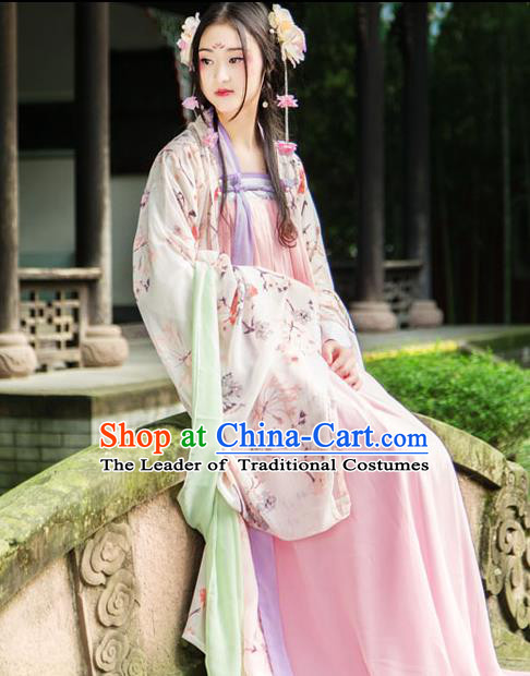 Traditional Chinese Tang Dynasty Imperial Consort Hanfu Costume, China Ancient Pink Dress Palace Princess Peri Printing Clothing for Women