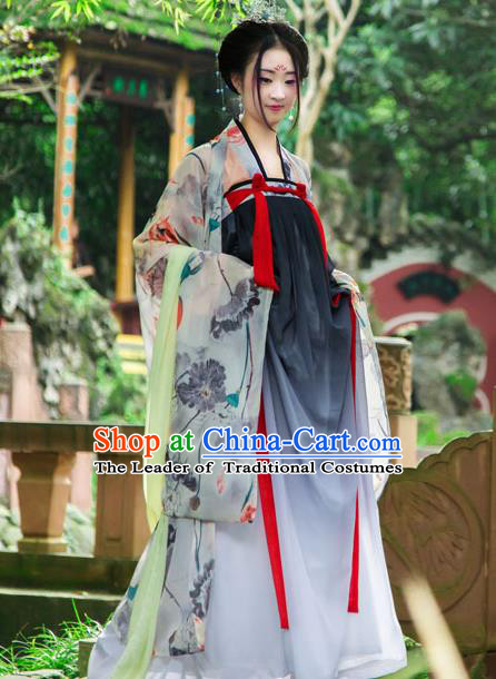 Traditional Chinese Tang Dynasty Imperial Consort Hanfu Printing Lotus Cardigan Costume, China Ancient Green Slip Dress Palace Princess Peri Clothing for Women