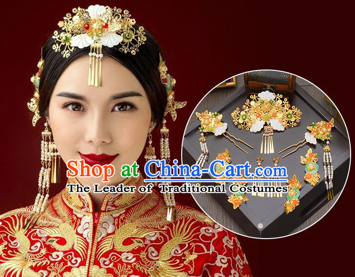Traditional Handmade Chinese Ancient Wedding Hair Accessories Xiuhe Suit White Shell Tassel Phoenix Coronet Complete Set, Bride Hair Sticks Hair Jewellery for Women