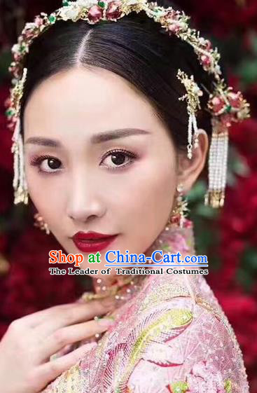 Traditional Handmade Chinese Ancient Wedding Hair Accessories Xiuhe Suit Tassel Step Shake Pomegranate Frontlet Complete Set, Bride Hanfu Hair Sticks Hair Jewellery for Women