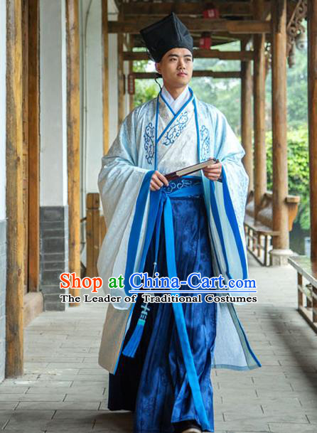 Traditional Chinese Han Dynasty Nobility Childe Hanfu Cloak Long Robe Costume, China Ancient Scholar Embroidery Clothing for Men
