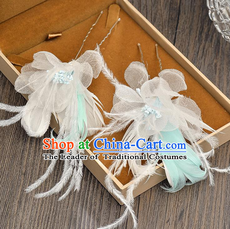 Top Grade Handmade Chinese Classical Hair Accessories Baroque Style Wedding Blue Feather Hairpins Hair Claw Headband Bride Headwear for Women