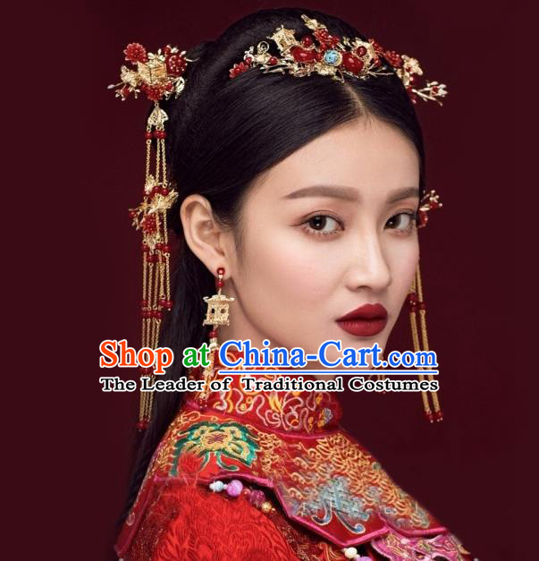 Traditional Handmade Chinese Ancient Wedding Hair Accessories Xiuhe Suit Tassel Step Shake Red Frontlet Complete Set, Bride Hanfu Hair Sticks Hair Jewellery for Women