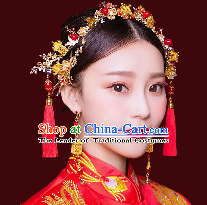 Traditional Handmade Chinese Ancient Wedding Hair Accessories Xiuhe Suit Red Tassel Phoenix Coronet Complete Set, Bride Hanfu Hair Sticks Hair Jewellery for Women