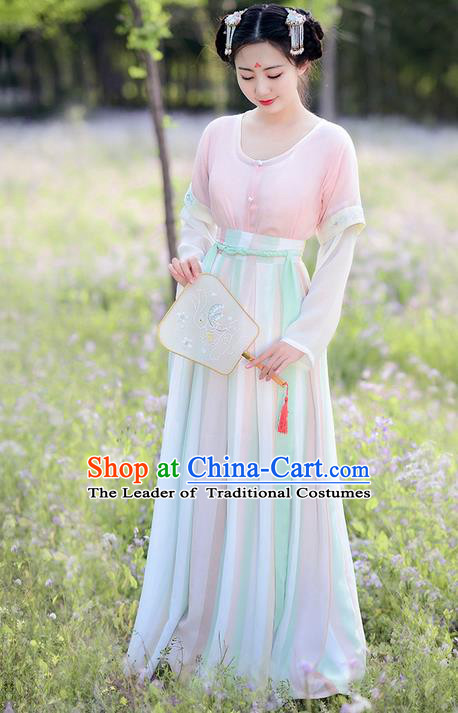 Traditional Ancient Chinese Costume Tang Dynasty Palace Lady Embroidery Slip Skirt Half-Sleeves, Elegant Hanfu Clothing Chinese Princess Costume for Women