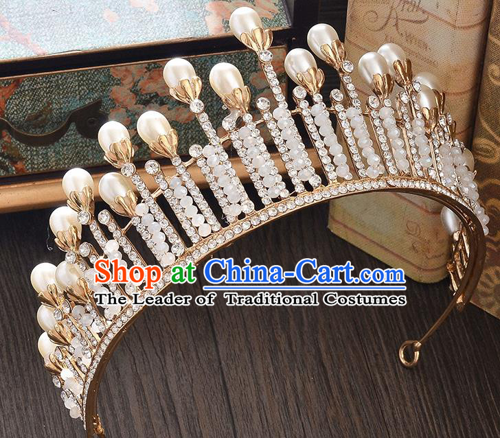 Top Grade Handmade Hair Accessories Baroque Style Wedding Crystal Golden Pearls Royal Crown, Bride Princess Hair Kether Jewellery Imperial Crown for Women