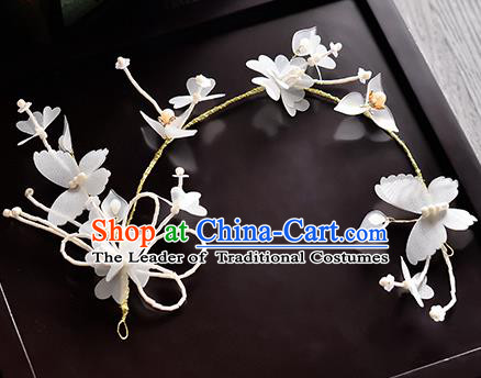 Top Grade Handmade Chinese Classical Hair Accessories Princess Wedding White Flowers Butterfly Hair Clasp Headband Bride Headwear for Women