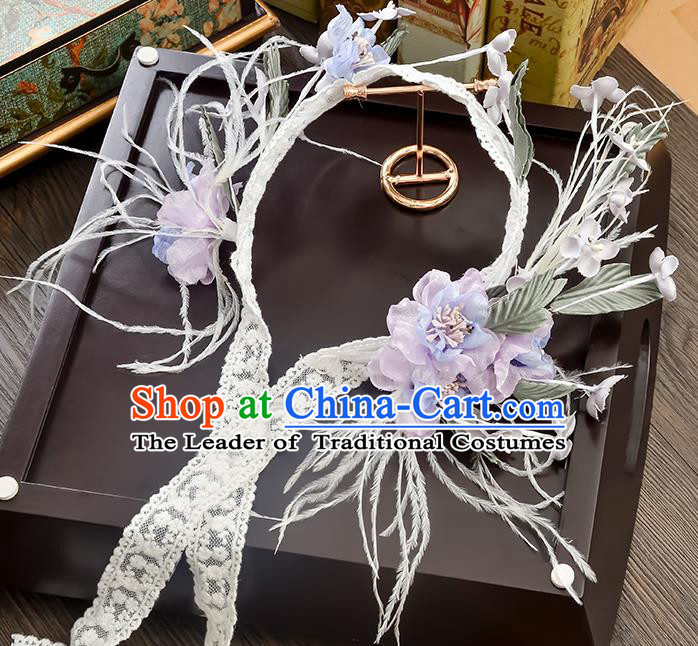 Top Grade Handmade Chinese Classical Hair Accessories Princess Wedding Purple Flower Lace Hair Clasp Hair Stick Headband Bride Headwear for Women