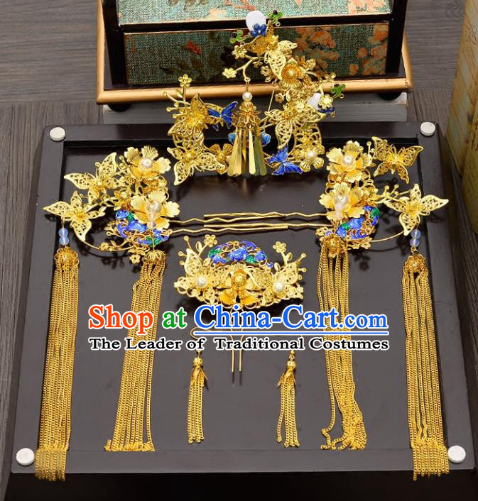 Traditional Handmade Chinese Ancient Wedding Hair Accessories Xiuhe Suit Blueing Cloisonne Butterfly Phoenix Coronet Complete Set, Bride Tassel Step Shake Hanfu Hairpins Hair Sticks Hair Jewellery for Women