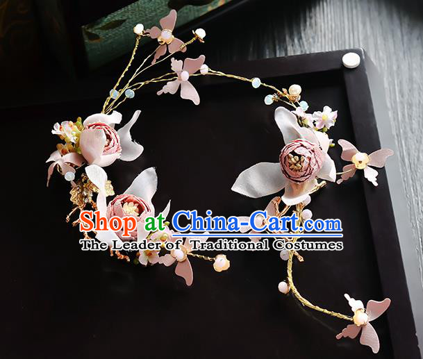 Top Grade Handmade Chinese Classical Hair Accessories Princess Wedding Pink Flower Hair Clasp Hair Stick Headband Bride Headwear for Women