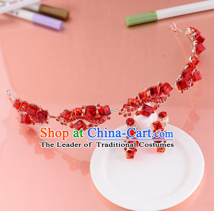 Top Grade Handmade Chinese Classical Hair Accessories Princess Wedding Red Crystal Hair Clasp and Earrings Hair Stick Bride Headwear for Women