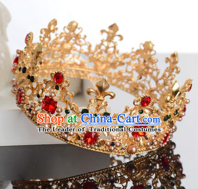 Top Grade Handmade Hair Accessories Baroque Style Palace Princess Wedding Red Crystal Vintage Golden Royal Crown, Bride Hair Kether Jewellery Imperial Crown for Women