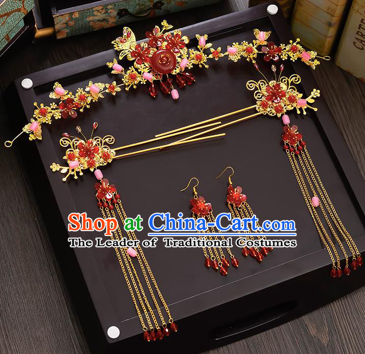 Traditional Handmade Chinese Ancient Wedding Hair Accessories Xiuhe Suit Red Phoenix Coronet Complete Set, Bride Tassel Step Shake Hanfu Hairpins Hair Sticks Hair Jewellery for Women