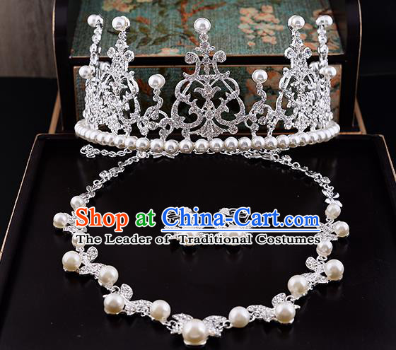 Top Grade Handmade Chinese Classical Jewelry Accessories Queen Wedding Crystal Pearls Royal Crown Necklace and Earrings Bride Headgear for Women