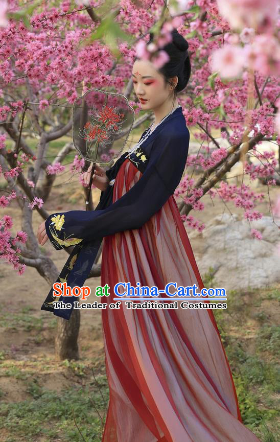 Traditional Ancient Chinese Costume Tang Dynasty Imperial Concubine Embroidery Butterfly Blouse and Slip Skirt, Elegant Hanfu Clothing Chinese Imperial Consort Costume for Women