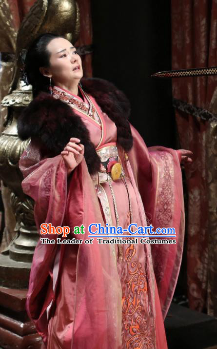 Traditional Chinese Qin Dynasty Palace Queen Mother Embroidery Costume and Headpiece Complete Set, The King Woman Chinese Ancient Empress Dowager Hanfu Dress