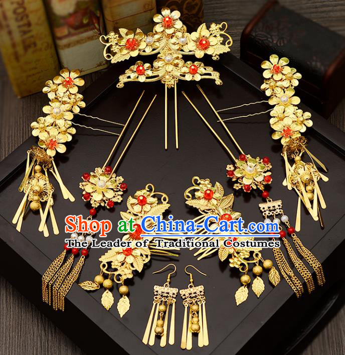 Traditional Handmade Chinese Ancient Wedding Hair Accessories Complete Set Xiuhe Suit Tassel Phoenix Coronet, Bride Palace Lady Step Shake Hanfu Hairpins for Women
