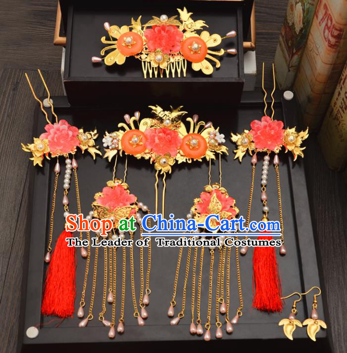 Traditional Handmade Chinese Ancient Wedding Hair Accessories Complete Set Xiuhe Suit Pearls Tassel Phoenix Coronet, Bride Palace Lady Step Shake Hanfu Hairpins for Women