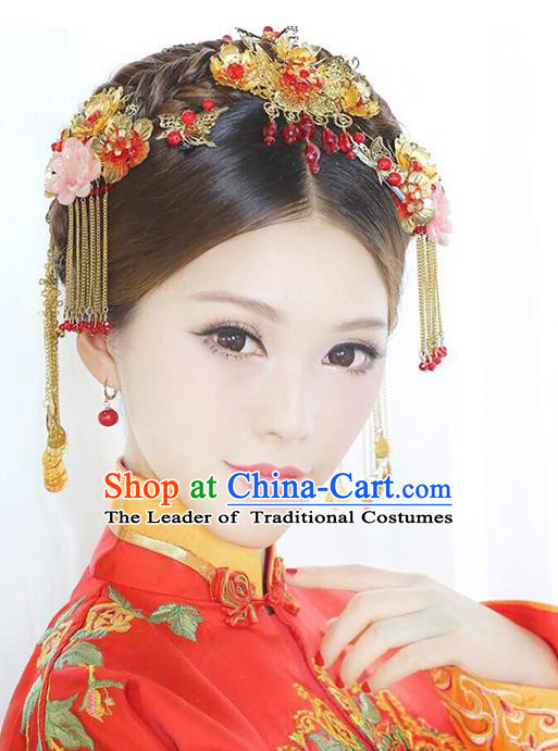Traditional Handmade Chinese Ancient Costume Wedding Xiuhe Suit Hair Accessories Complete Set Hair Comb, Bride Palace Lady Tassel Step Shake Hanfu Hairpins for Women