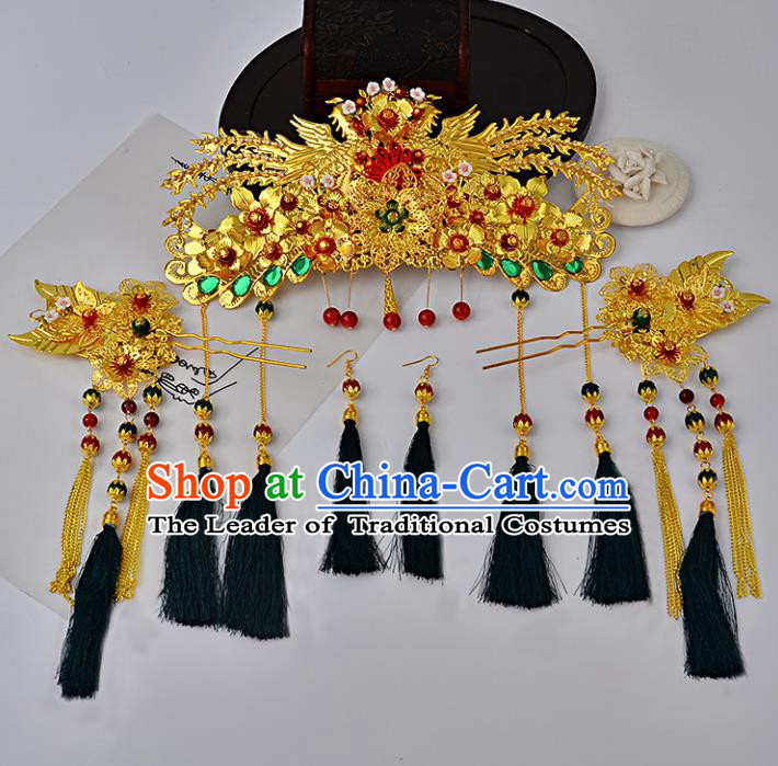 Traditional Handmade Chinese Ancient Costume Wedding Xiuhe Suit Hair Accessories Complete Set Phoenix Coronet, Bride Palace Lady Green Tassel Step Shake Hanfu Hairpins for Women